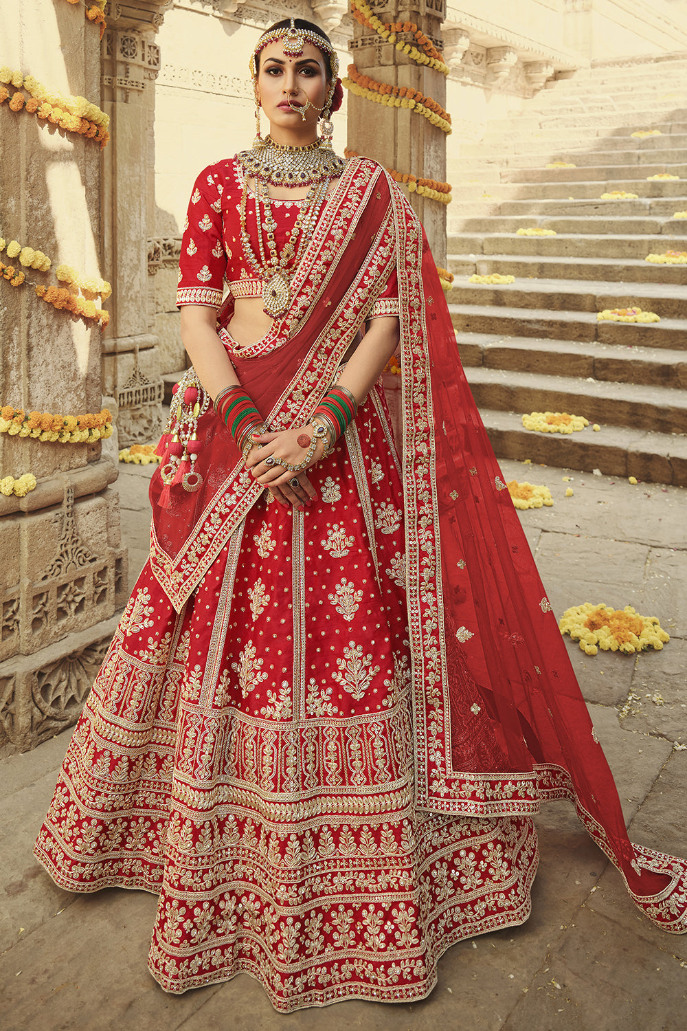 Buy Net Red Lehenga Saree Online : Mauritius -