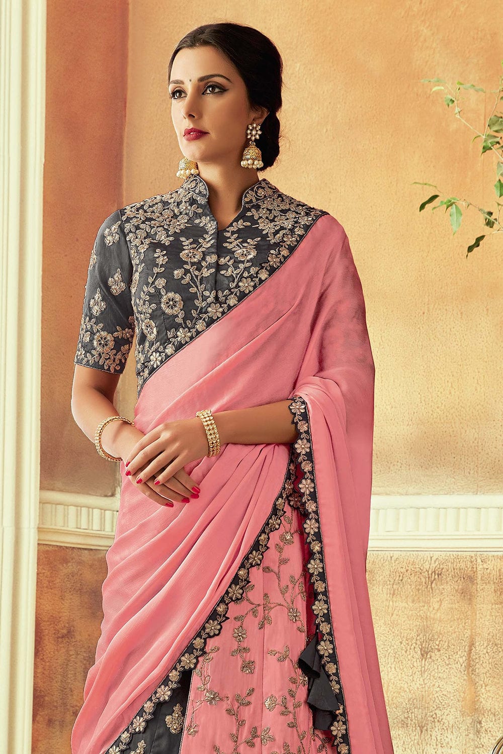 Grey & Pink Banarasi Silk Lehenga Choli with Khatli and Heavy Embroide –  Ethnos