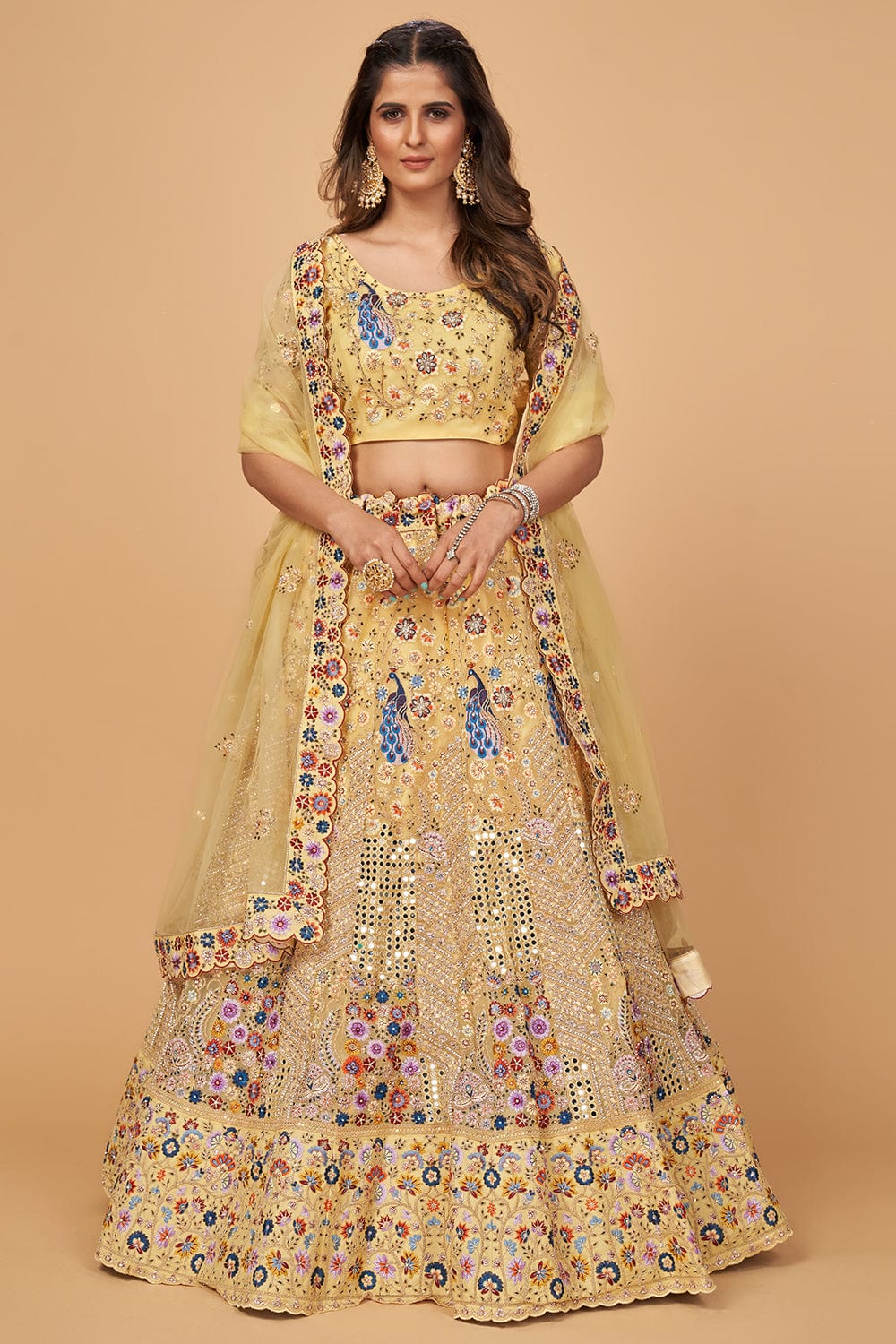 Mirror Work Lemon Colour Lehenga | Order @ Redpine Designs