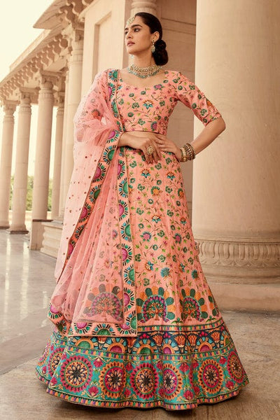 Ravishing Peach pink thread and sequins embroidered net fabric lehenga choli  - MEGHALYA - 3777589