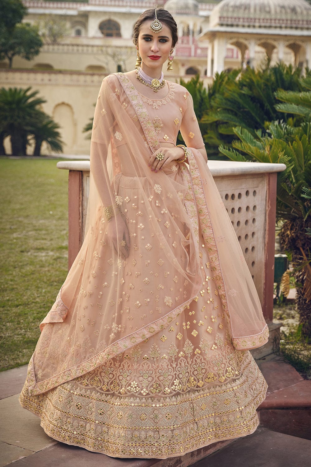 Buy Peach Sequin Silk Bridal Wear Lehenga Choli Online from EthnicPlus for  ₹7099