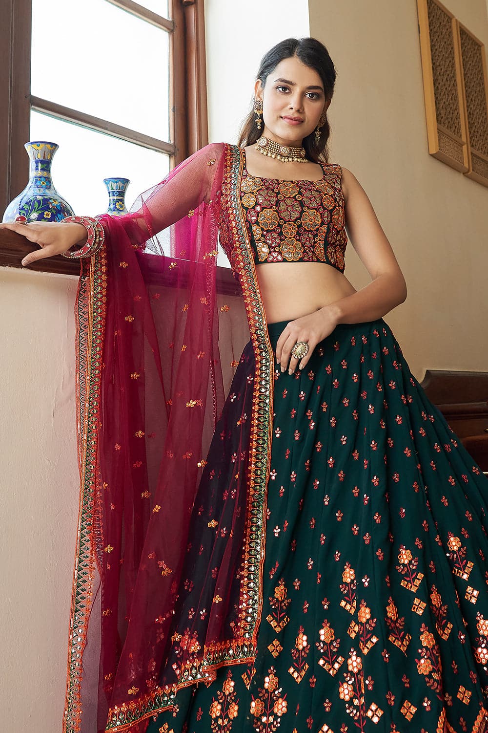 green and pink color bridal lehenga choli for wedding | Half saree designs,  Half saree lehenga, Lehenga saree design