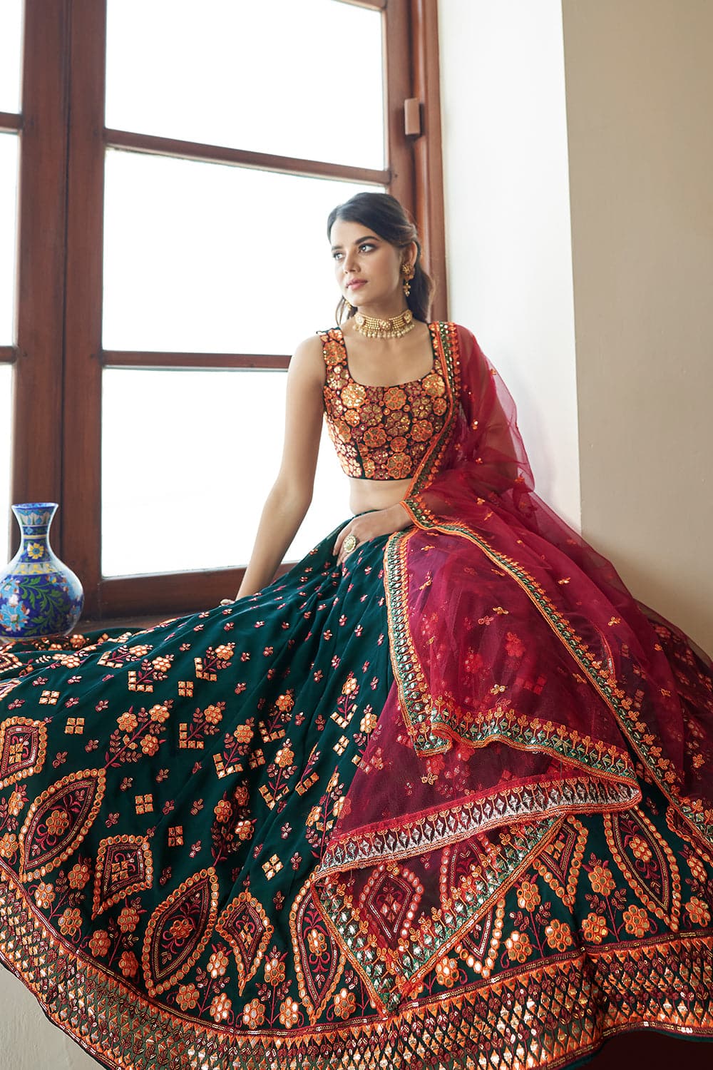 Pastel Green/ Red Bridal Lehenga Detailed with Light Gold Embroidery –  archerslounge