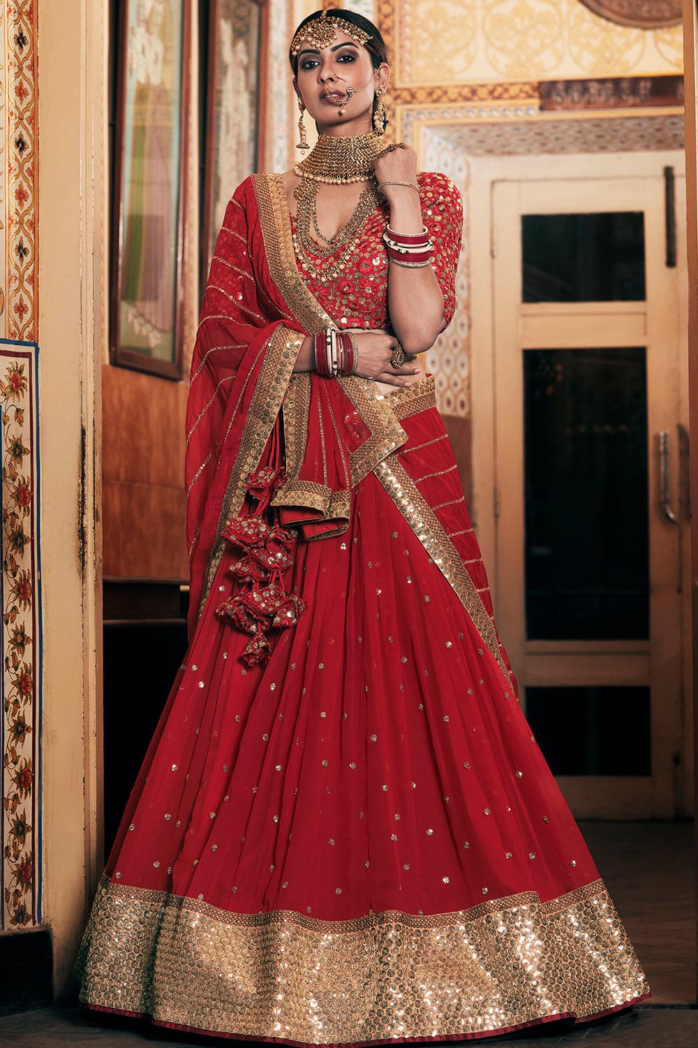 Traditional Red Banglori Silk Lehenga Saree - Sarees Designer Collection
