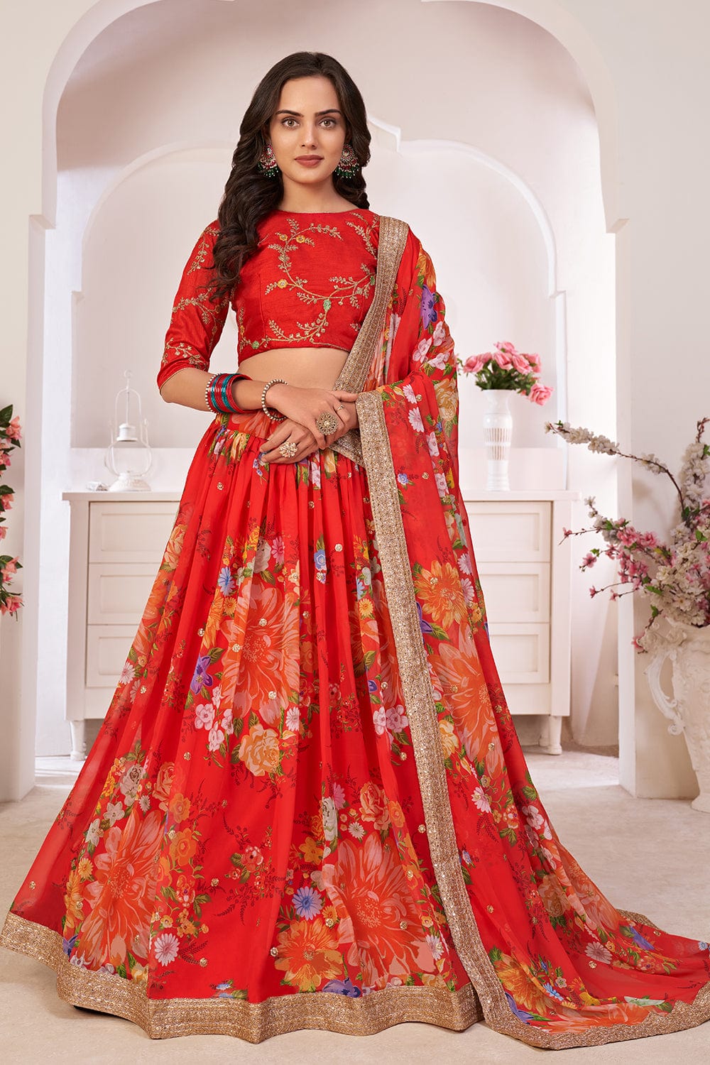 Buy Red Indian Bridal Lehenga Choli In Net SRROY397903 – ShreeFashionWear