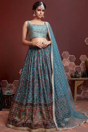 Buy Blue Viscose Crepe Embellished Sequin Outer Blouse Lehenga Saree Set  For Women by Mirroir Online at Aza Fashions.