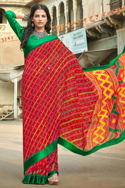 Red Moss Chiffon Leheriya Saree