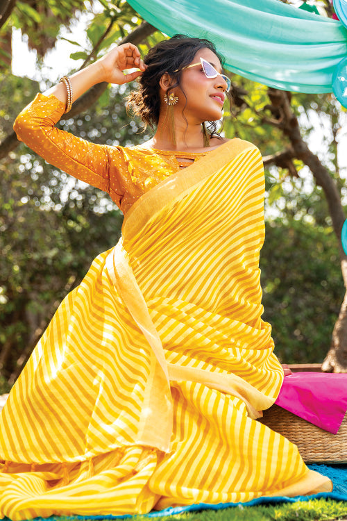 Yellow & white leheriya saree with gota patti border on pallu - Knotty  Knitters