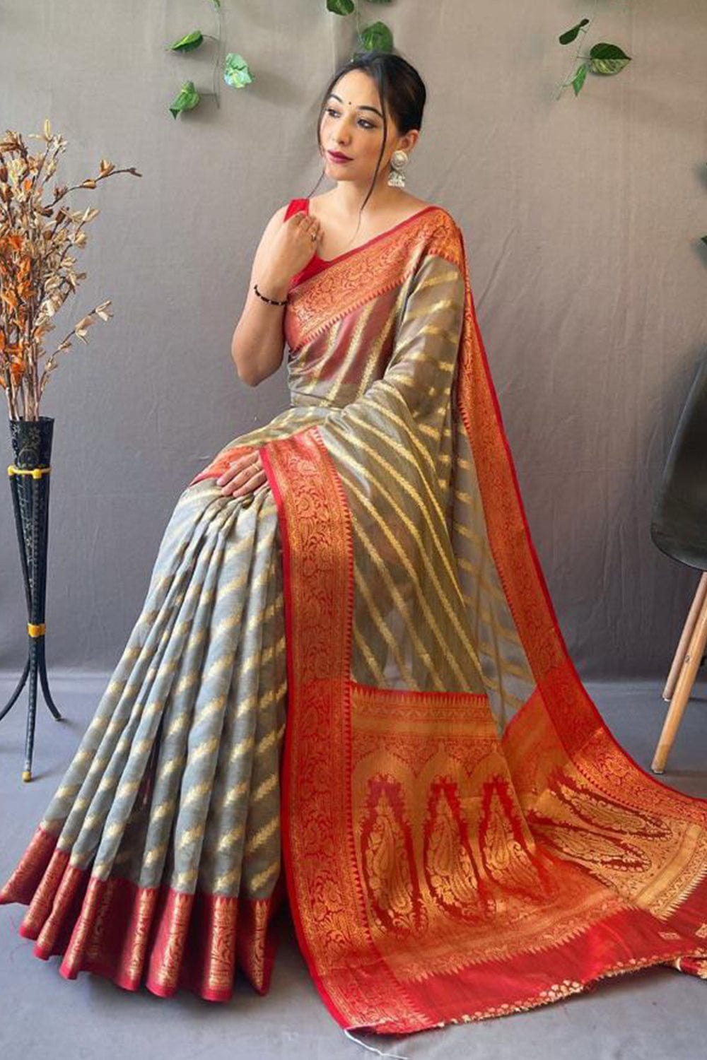 Buy Grey Silk Handwoven Striped Saree With Unstitched Blouse Piece For  Women by Ekaya Online at Aza Fashions.