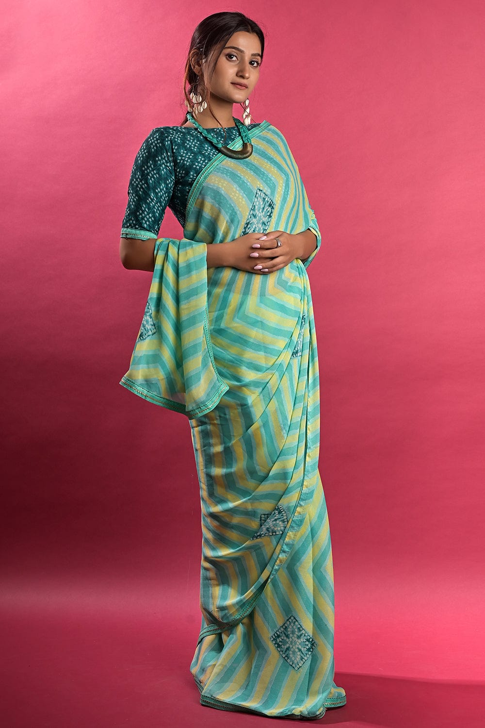 Bell Blue Leheriya Saree – Thread & Button