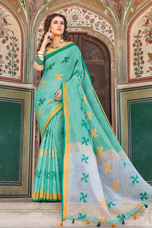 Aqua Green Linen Saree