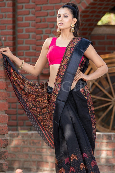 Buy The Beautiful Black Cotton Linen Saree Online - Karagiri