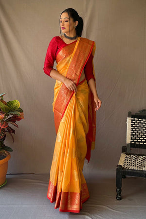 Lemon Yellow Net Contrast Blouse Saree WJ113436