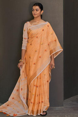 Cantaloupe Orange Linen Saree