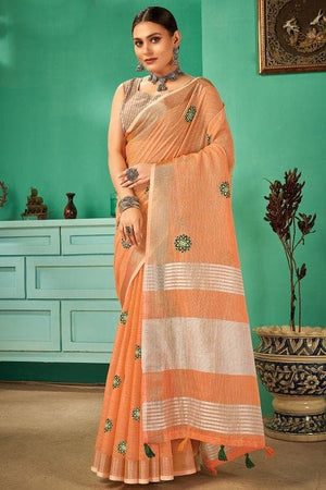 Cantaloupe Orange Linen Saree