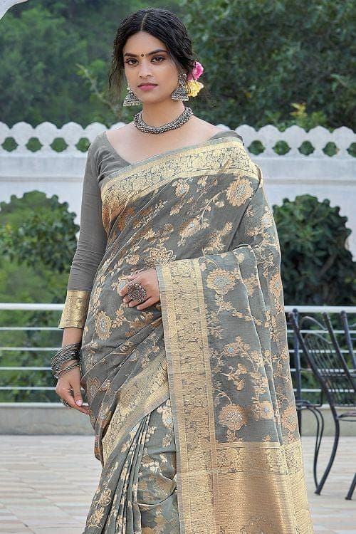 Lite cement grey printed linen cotton saree with multi-color floral vine,  traditional design border & intricate pallu