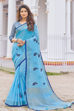 Cyan Blue Linen Saree