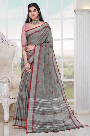 Dark Grey Linen Saree