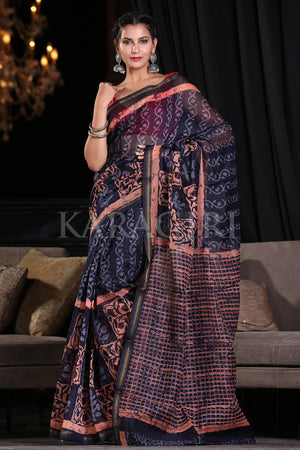 Dark Sky Blue Linen Saree