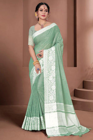 Emerald Green Linen Saree