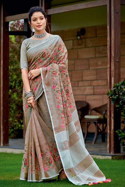 Organic Linen Printed Saree Online I Santosa Poppies I Aqua Blue – The  Thread Weavers