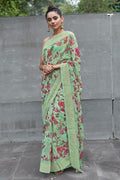 Linen Saree Fern Green Printed Linen Saree saree online