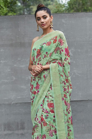 Fern Green Printed Linen Saree