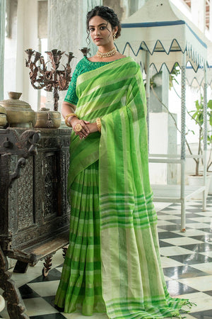 Kelly Green Linen Saree