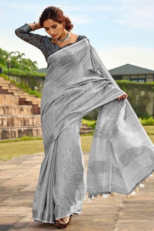 Beaver color linen saree for women with white cotton blouse | Kiran's  Boutique
