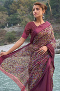 Mulberry Purple Floral Printed Linen Saree