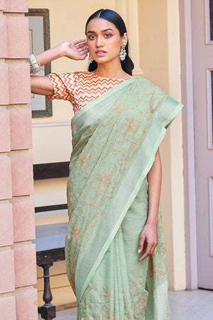 Pistachio Green Linen Saree