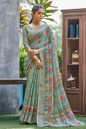 Teal Blue Linen Saree