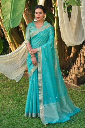 Turquoise Blue Linen Saree