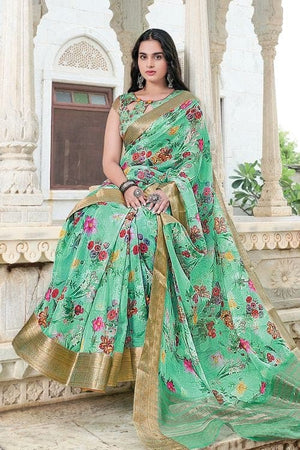 Vibrant Mint Green Linen Saree