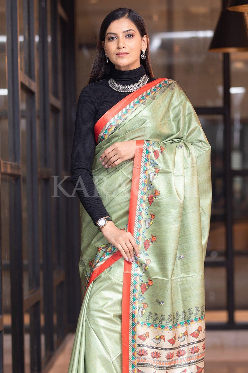 Buy Stunning Sage Green Madhubani Saree Online - Karagiri