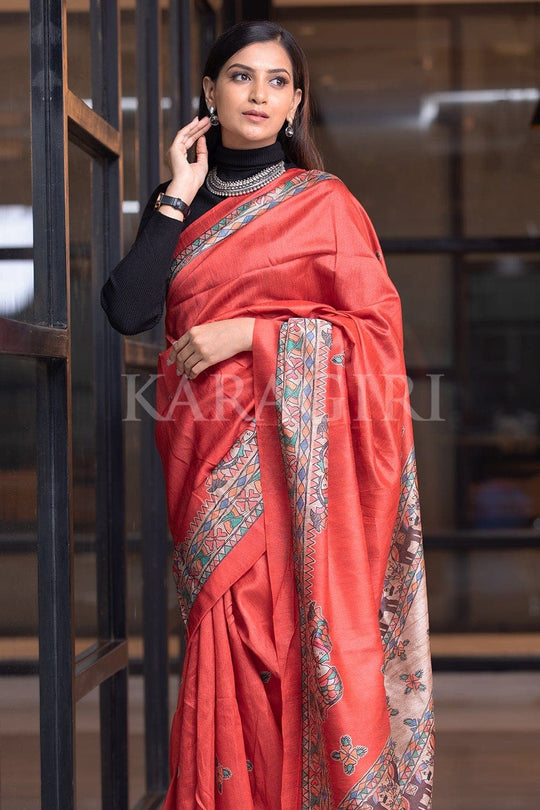 Buy Scarlet Red Madhubani Saree online - Karagiri