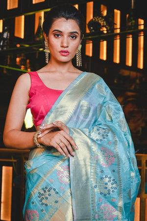 Turquoise Blue Maheshwari Silk Saree