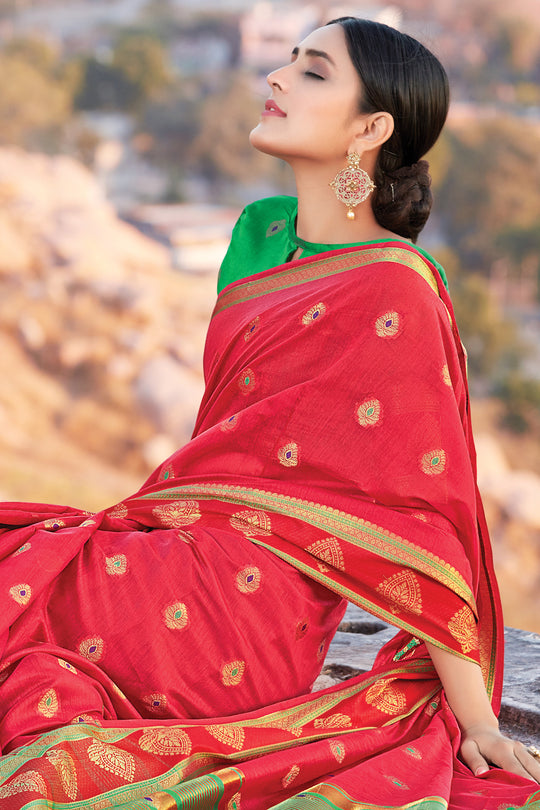 Red plain satin saree with blouse - Fashdeal - 3619101