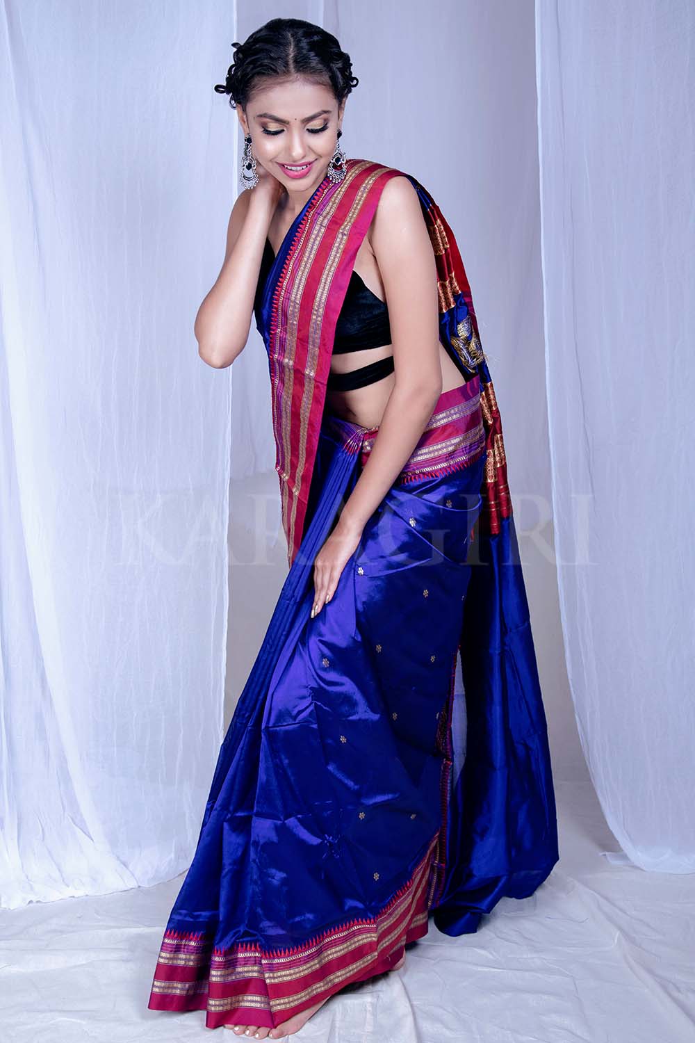 Teal and Pink Narayanpet Silk Handloom Saree with Checks Design No Blo –  Uppada