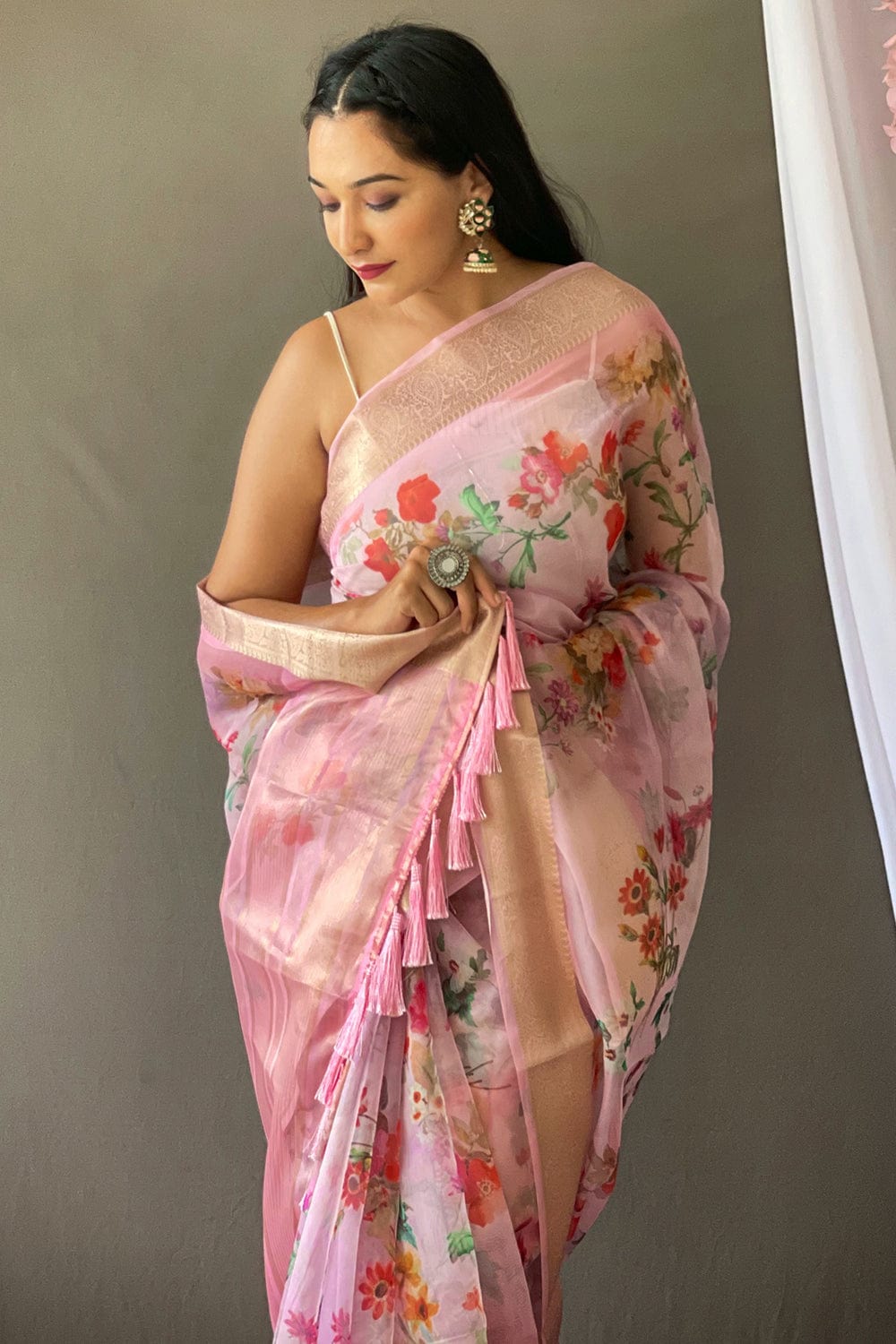 Blush Pink Saree in Organza Digital Floral Print - Clothsvil