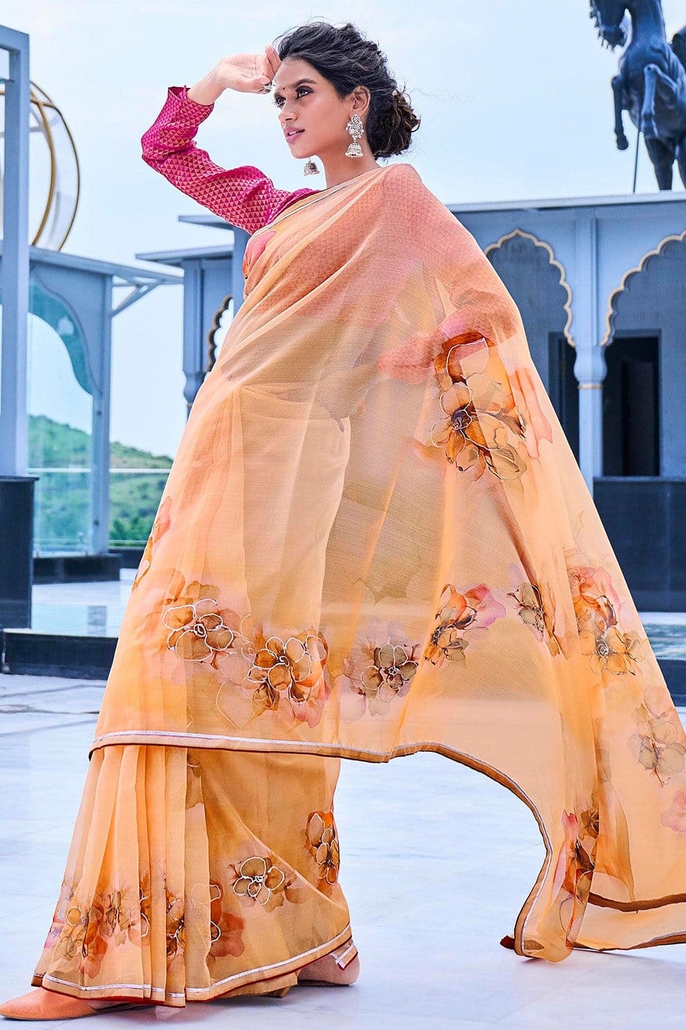 Orange organza saree with blouse piece