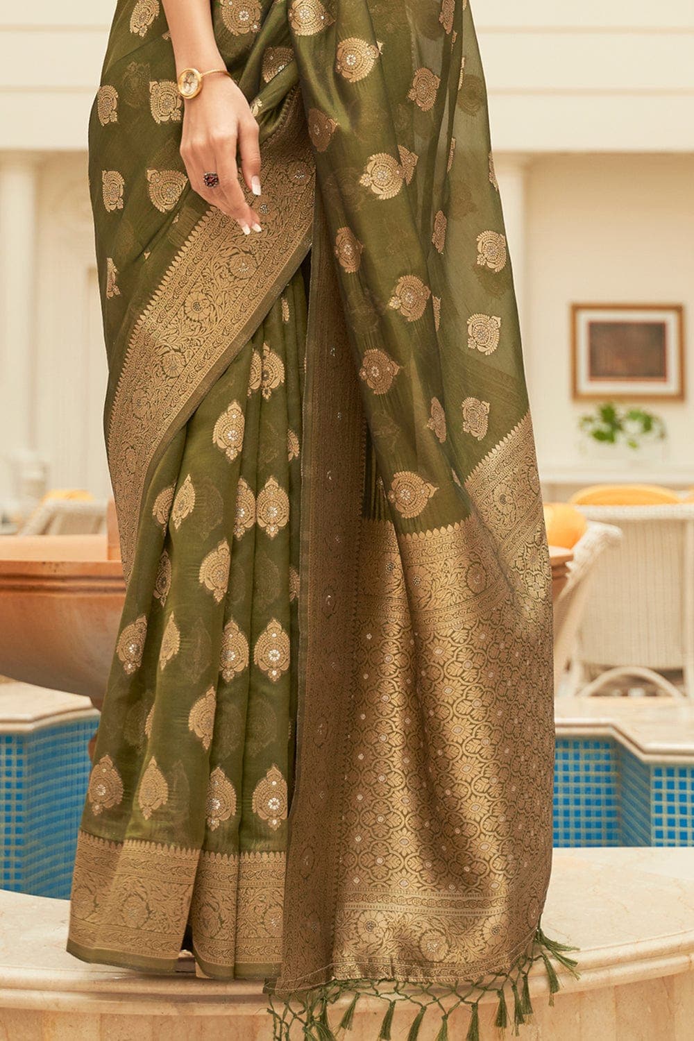 Sea green silk plain saree with designer blouse 5904