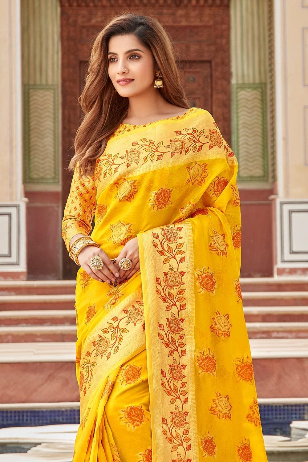 Mustard Primiume Organza Embroidered Party Festival Classic Style Saree