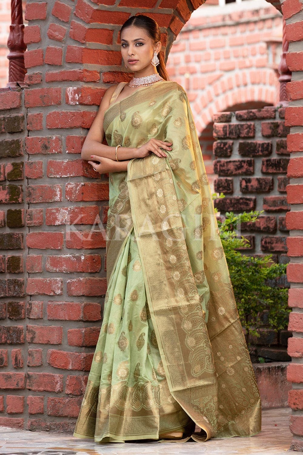 Light Green Self Design Organza Saree