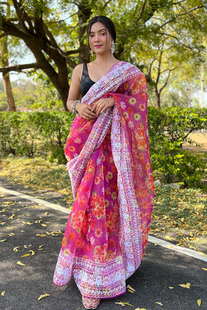 Stunning Pink Hand Embroidered Linen Organza Saree - Shop Now! – Luxurion  World