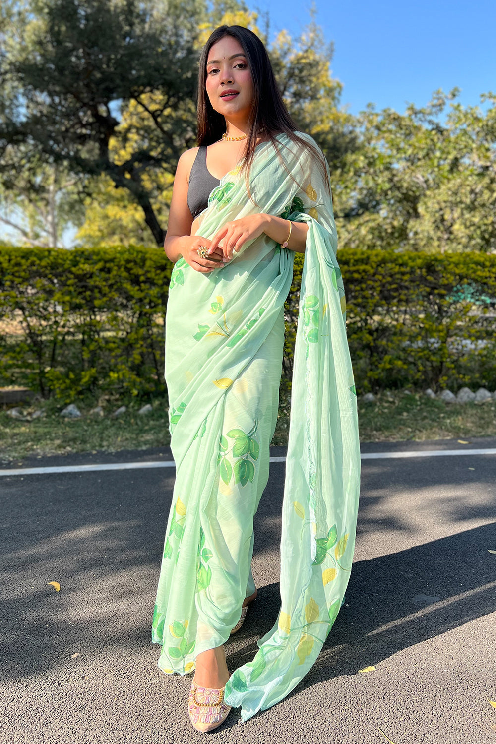 Soch Light Green Chiffon All-Over Abstract Print Saree