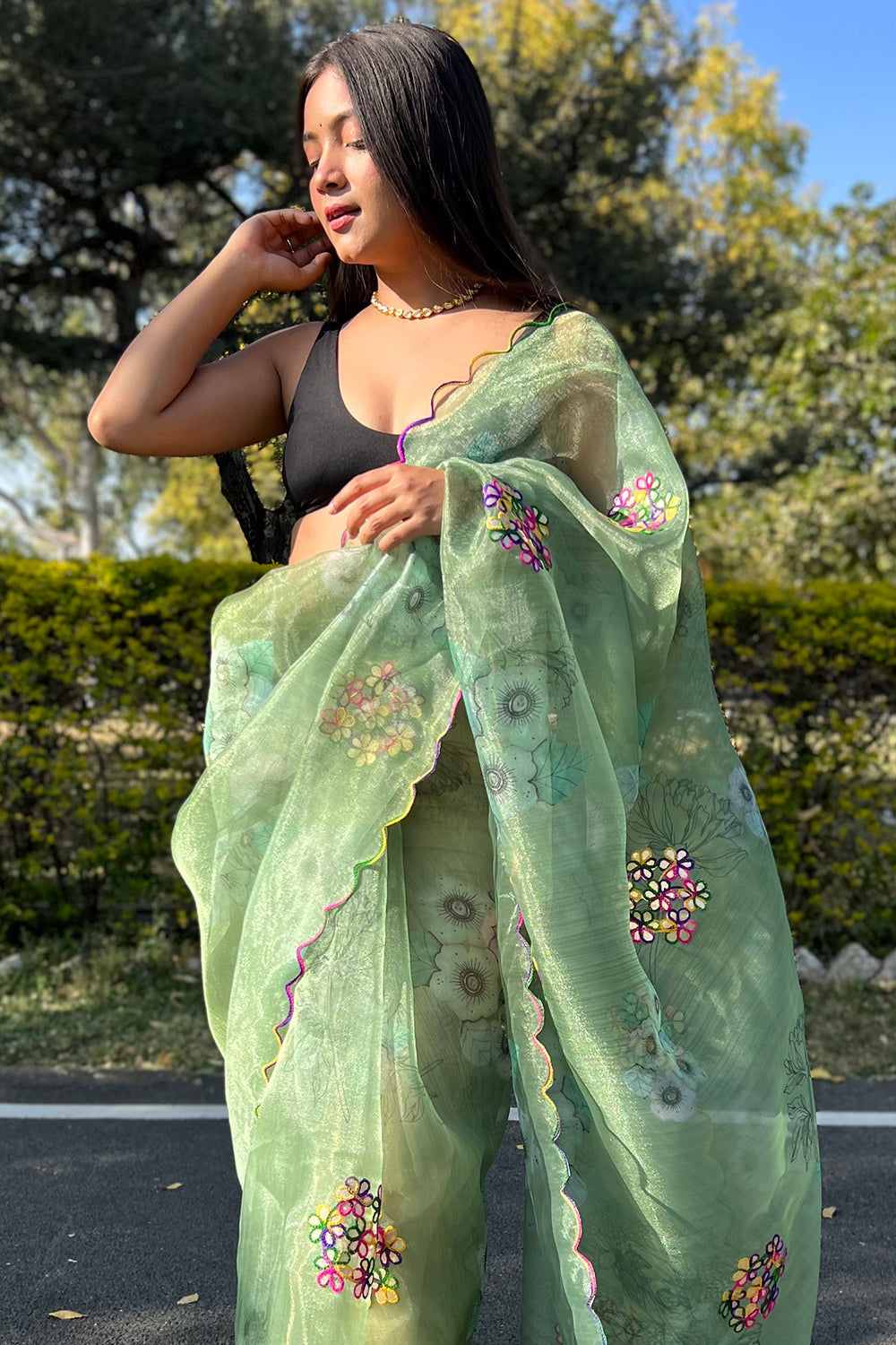 Basil Green Plain Liquid Organza Saree With Pearl Work Lace Border –  Fabcurate