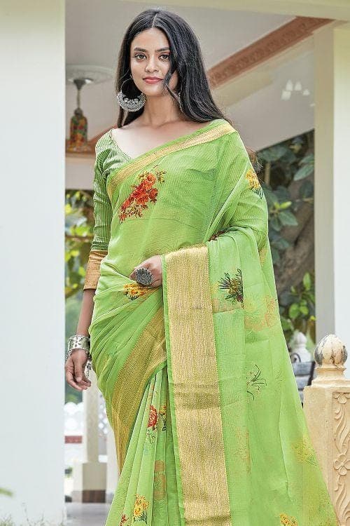 Parrot Green Printed Saree | Leemboodi