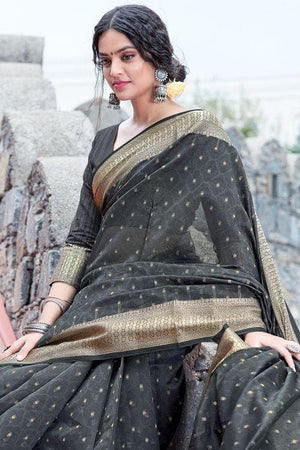 Buy Black Zari Woven Silk Saree Online | Samyakk