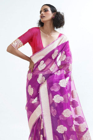 Plum Purple Organza Saree With Blouse Piece